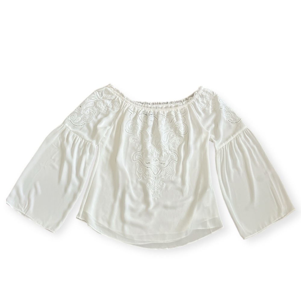 White House Black Market WHBM White Embroidered Off Shoulder Blouse Size Medium - Picture 6 of 14